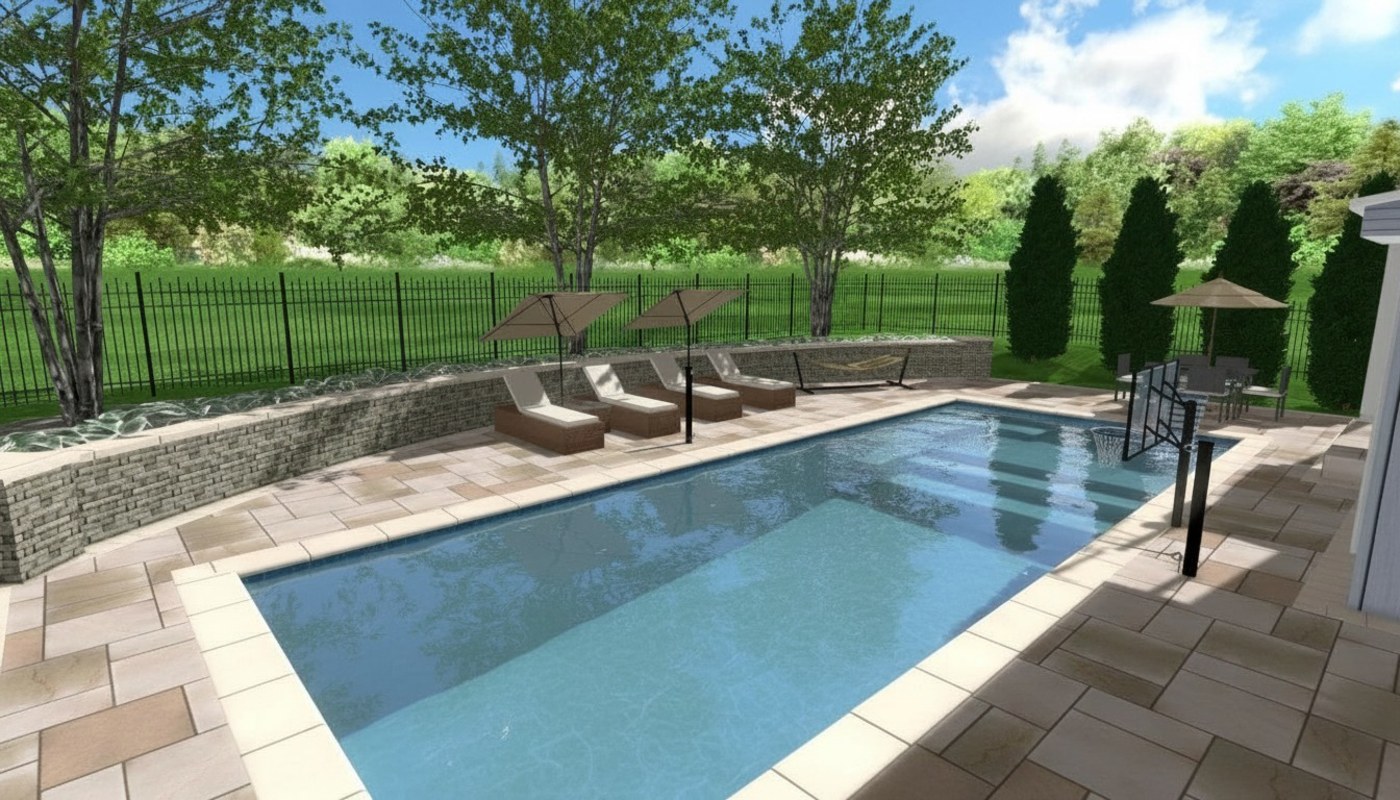 3D rendering of the Mahon pool and patio