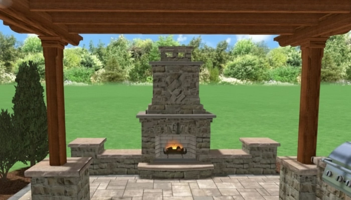 3D rendering of the Reid outdoor fireplace