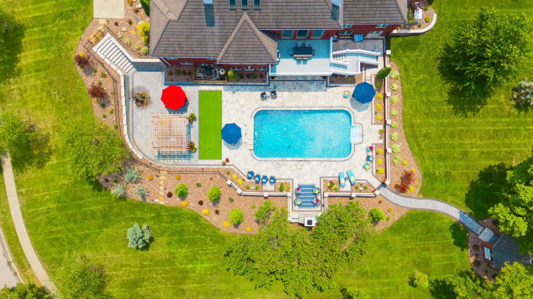 The finished Joyce backyard, aerial drone view