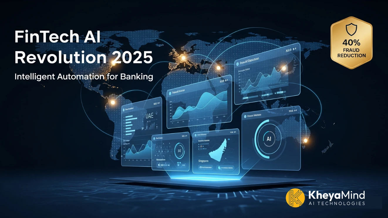 AI-powered banking dashboard showing real-time fraud detection analytics with 40% reduction statistics for FinTech automation across UAE Singapore and India markets