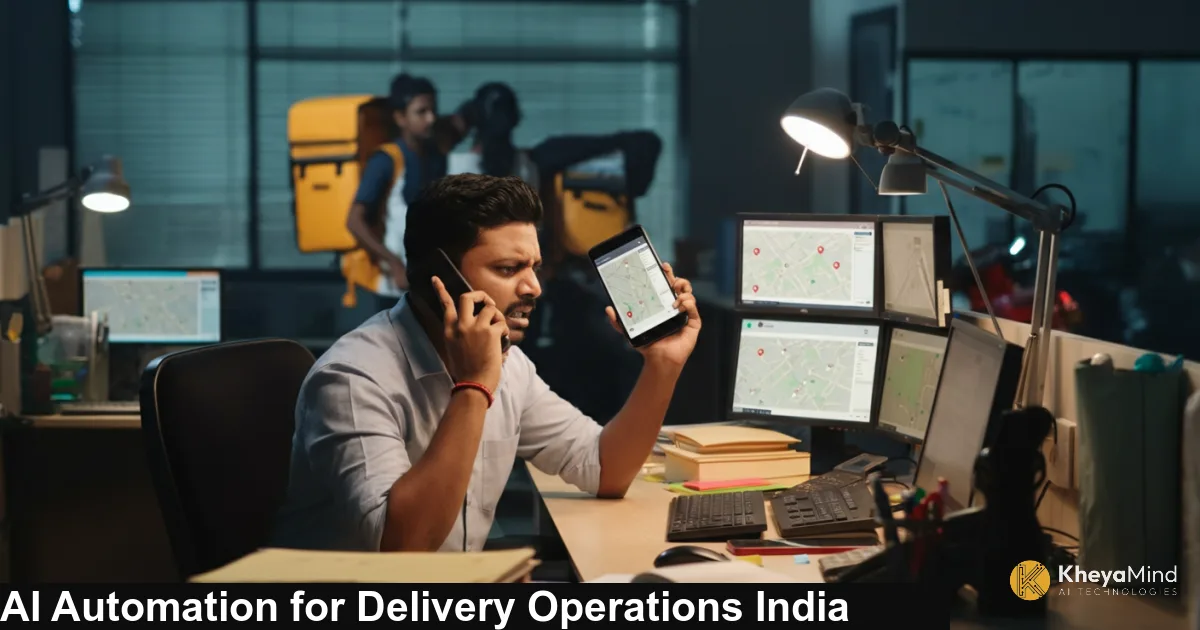 An AI-powered delivery dispatch dashboard on a screen in a modern Indian logistics office with delivery bikes visible through the window