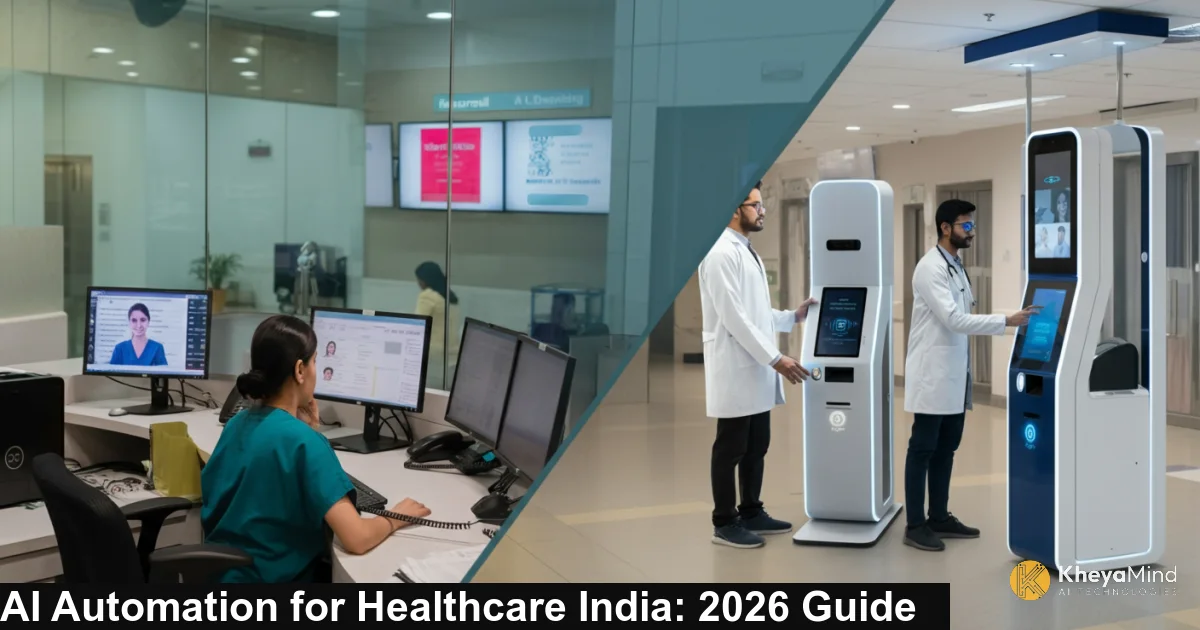 A modern Indian hospital reception with a holographic AI voice agent interface floating above the front desk, blue and teal ambient lighting