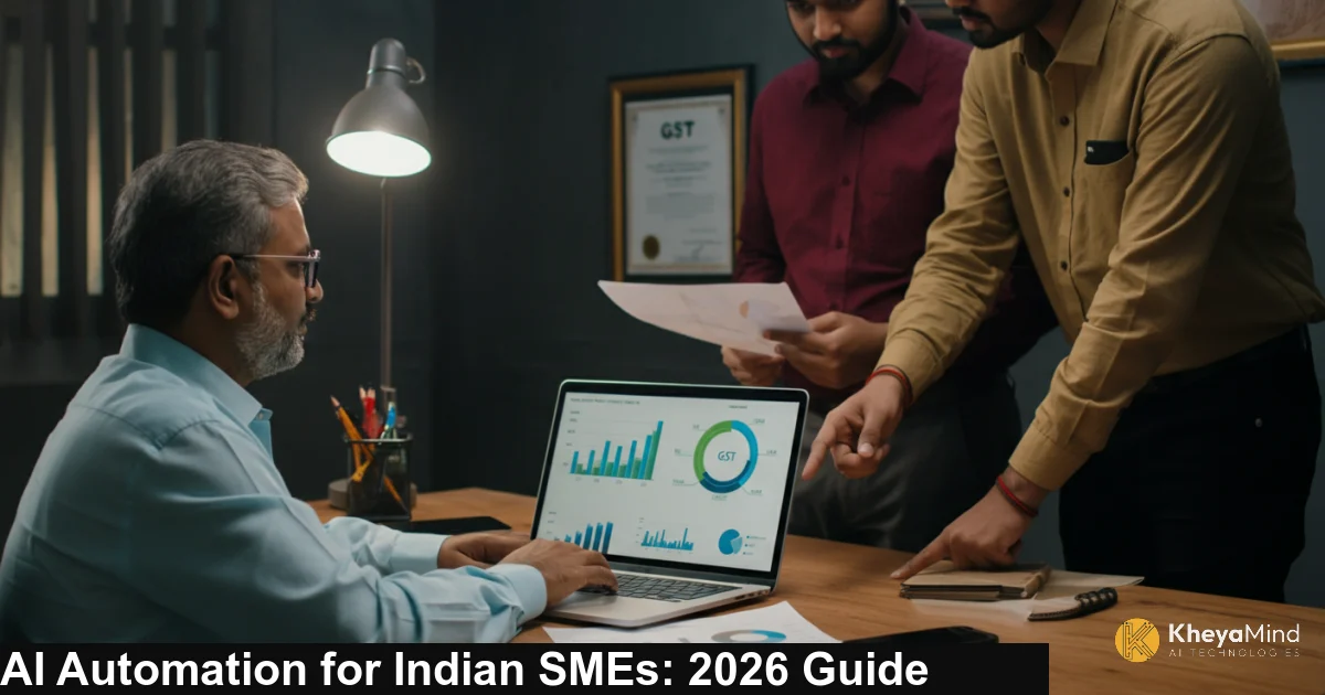 Indian small business owner reviewing AI automation dashboard on laptop in a busy Mumbai office with team members in background