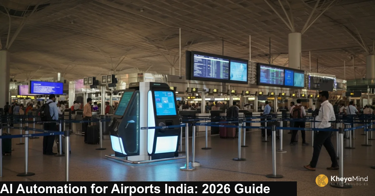 A busy Delhi airport terminal with passengers checking in while an AI-powered digital assistant screen displays flight information in the foreground