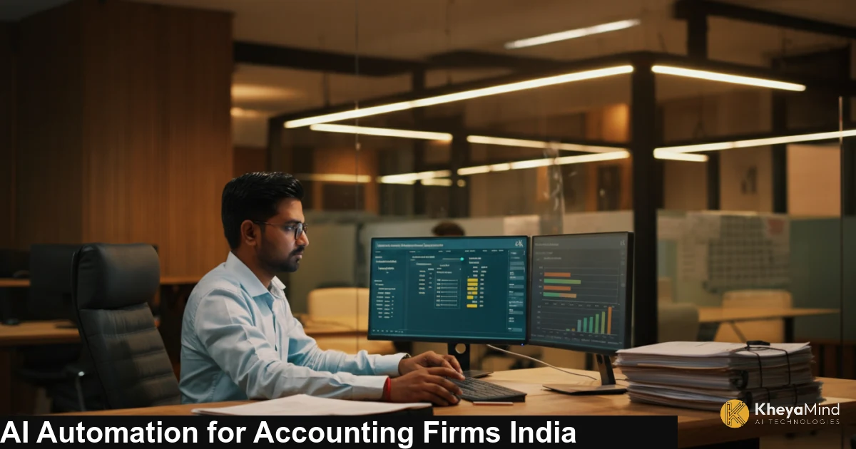 Indian male chartered accountant reviewing financial reports on a laptop with AI dashboard on screen at a Mumbai office desk