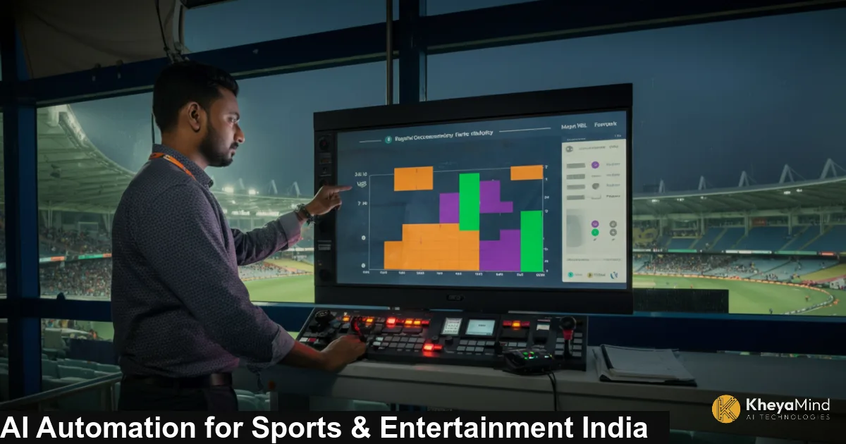 A stadium operations manager in Mumbai reviewing AI-powered fan analytics dashboard on a large screen during an IPL match