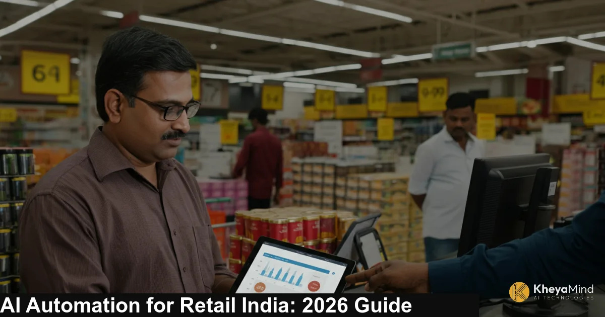 Indian retail store manager reviewing AI-powered sales dashboard on tablet inside a busy supermarket in Mumbai, wide angle photorealistic