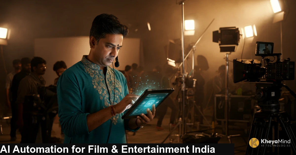 Indian film director reviewing AI-generated production schedule on a tablet at a busy Mumbai film studio set with crew members in background