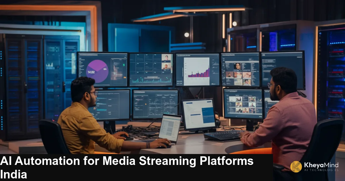 Indian media professionals reviewing AI-powered content analytics dashboard on large screens inside a Mumbai streaming studio control room