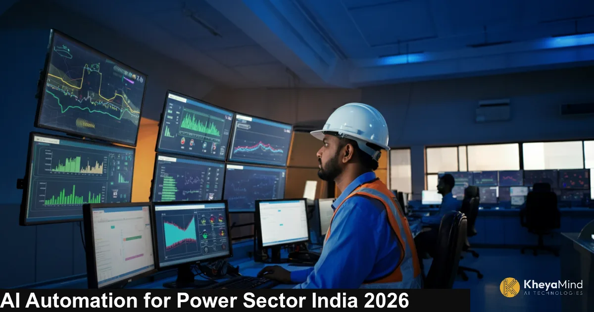 An Indian power plant control room operator monitoring AI-driven energy grid dashboards on large screens in a modern facility