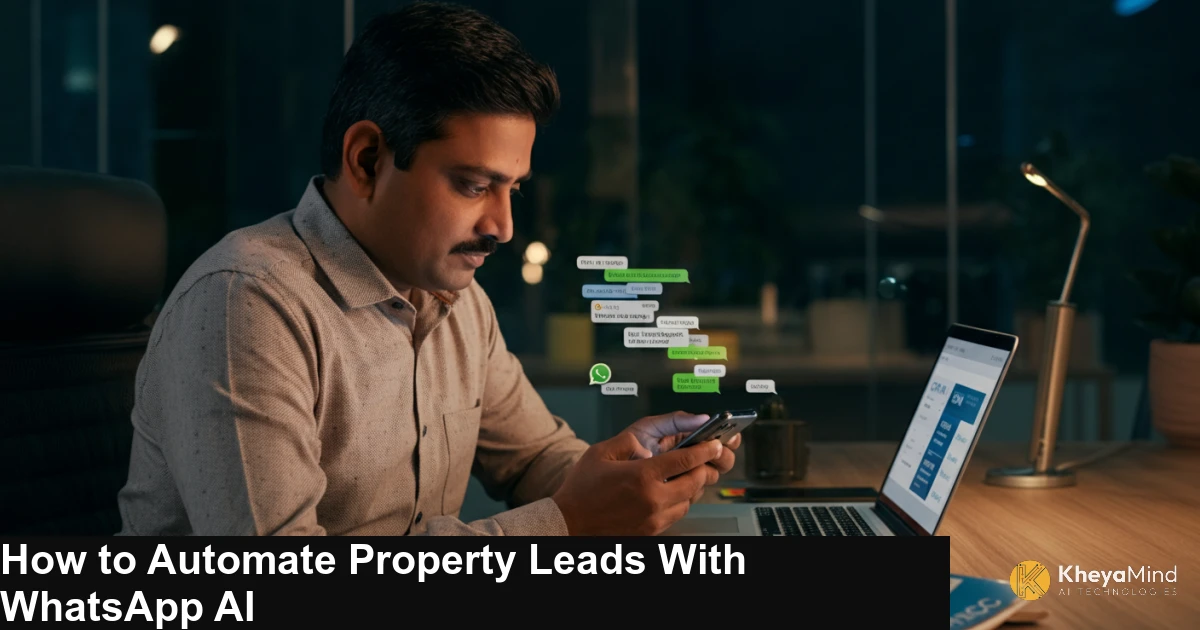 Indian real estate broker reviewing WhatsApp property enquiries on smartphone at a modern Pune office desk at night