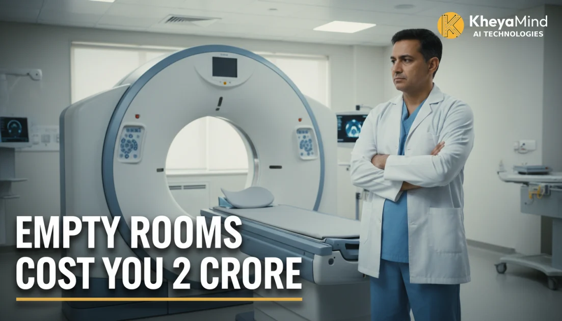 Indian lab technician reviewing AI-powered appointment dashboard on desktop screen inside a diagnostic imaging centre in Pune