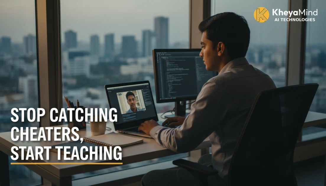 Indian university professor reviewing adaptive AI exam analytics dashboard on a large monitor in a modern campus computer lab