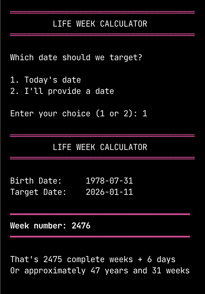 shell script output showing weeks since Mike was born in 1978.