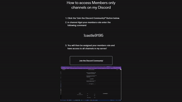 Discord screenshot: the #get-your-members-role channel with the member line typed in the chat box.