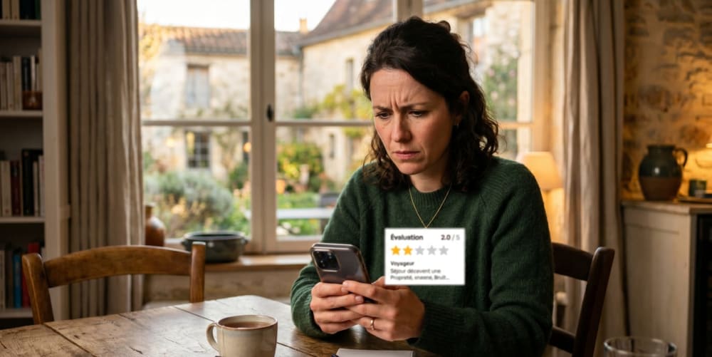 Hôte Airbnb lisant un avis négatif 2 étoiles sur son téléphone avec une expression préoccupée