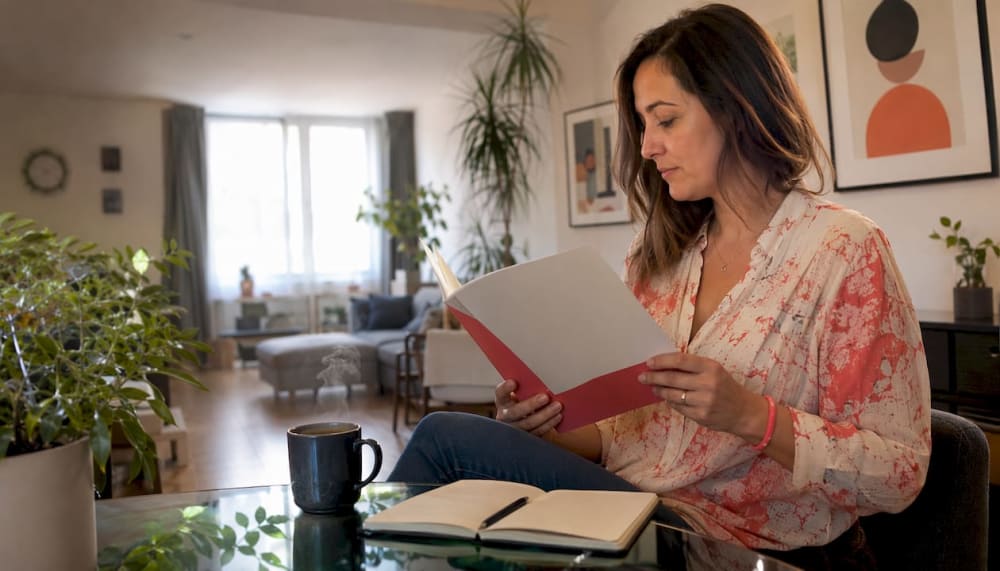 Femme lisant un livret dans un salon lumineux, tasse de café et carnet ouvert devant elle