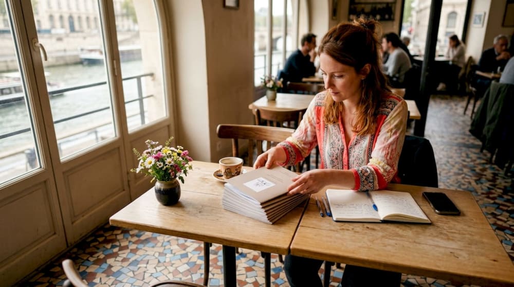 Femme feuilletant une pile de documents à la table d'un café au bord de l'eau