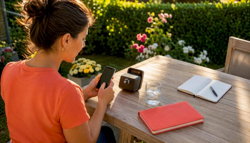 Femme consultant son téléphone à une table de jardin, boîte à clés à molette posée devant elle