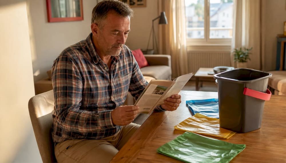 Homme lisant une brochure de tri, bac et sacs poubelle de couleur posés sur la table