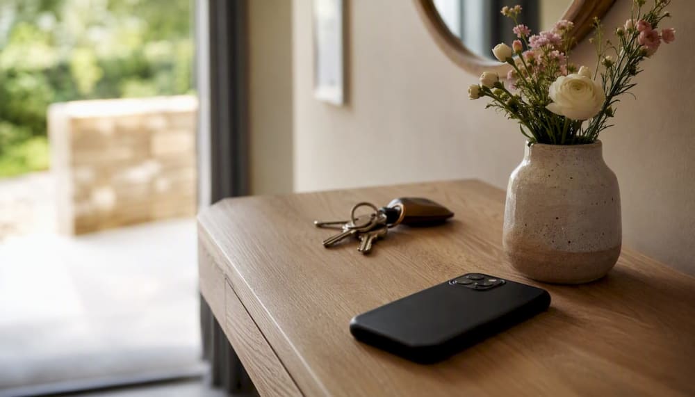 Clés et téléphone posés sur une console d'entrée en bois, près d'un bouquet et d'un miroir rond