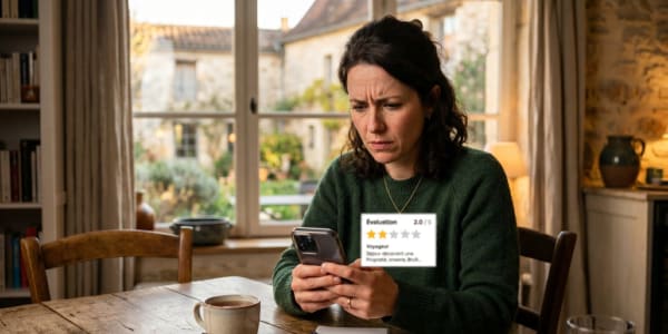 Hôte Airbnb lisant un avis négatif 2 étoiles sur son téléphone avec une expression préoccupée