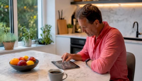 Homme utilisant une tablette sur un îlot de cuisine, coupe de fruits et café à côté