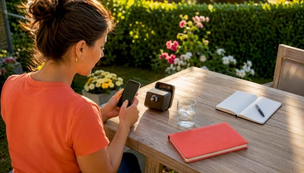 Femme consultant son téléphone à une table de jardin, boîte à clés à molette posée devant elle