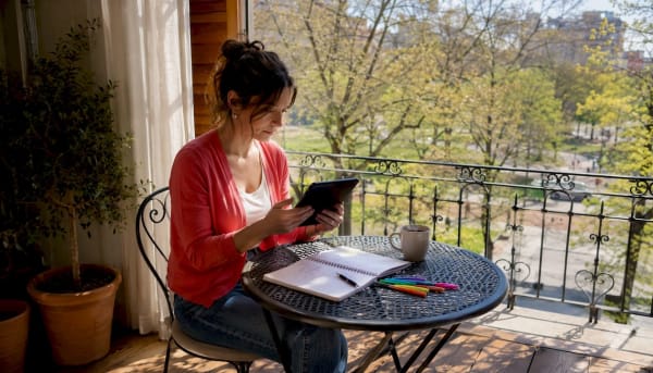 Hôte consultant une tablette sur un balcon, carnet et feutres posés sur la table