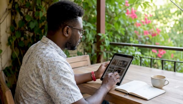 Homme parcourant une galerie de photos sur une tablette, sur une terrasse fleurie