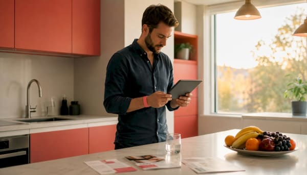 Homme consultant une tablette dans une cuisine, brochures étalées sur l'îlot central