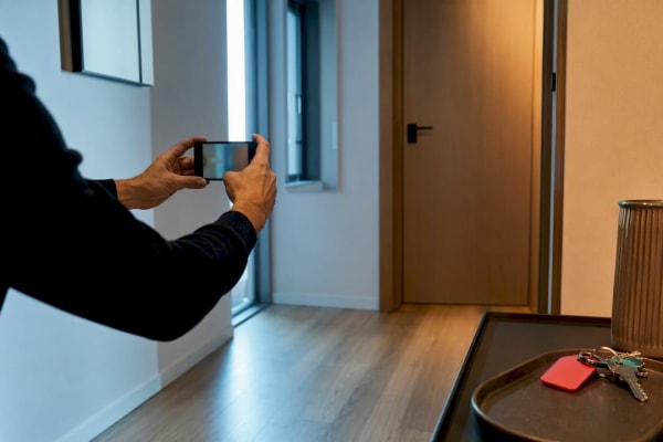 Hôte photographiant la porte fermée de son logement