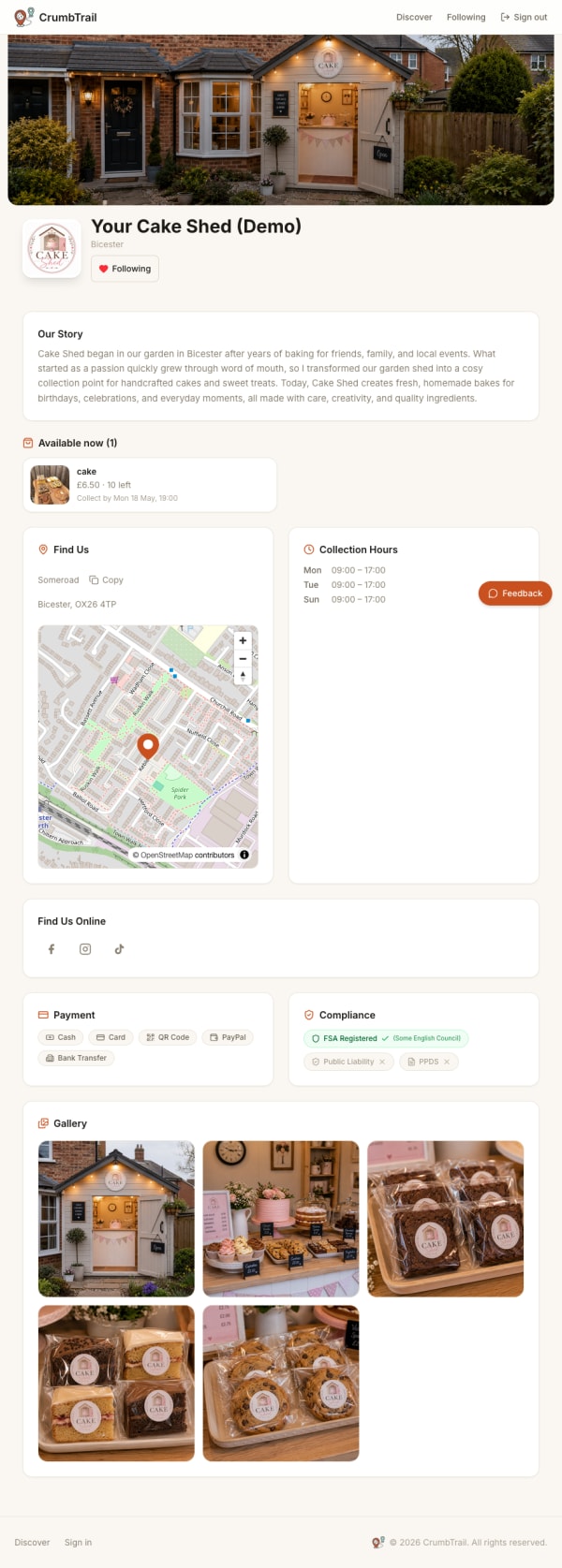 Example of a cake shed page on CrumbTrail showing products, availability, and allergen information