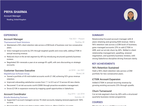 Account Manager CV template example, created with WhizCV