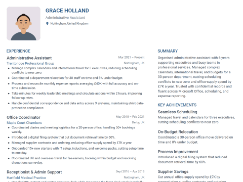 Administrative Assistant CV template example, created with WhizCV