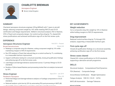 Aerospace Engineer CV template example, created with WhizCV