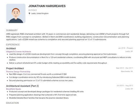Architect CV template example, created with WhizCV
