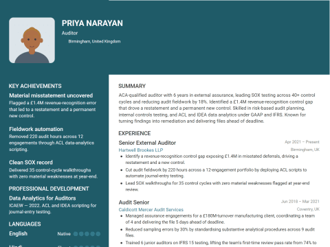 Auditor CV template example, created with WhizCV