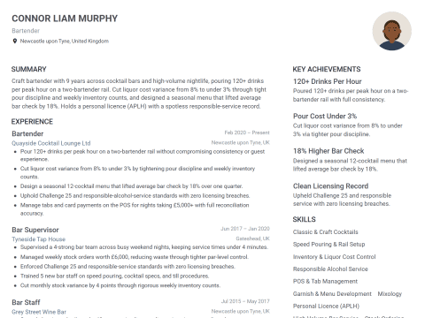 Bartender CV template example, created with WhizCV