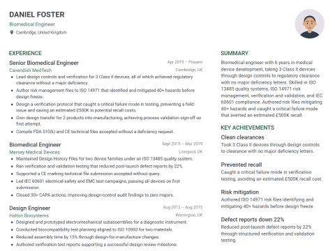 Biomedical Engineer CV template example, created with WhizCV