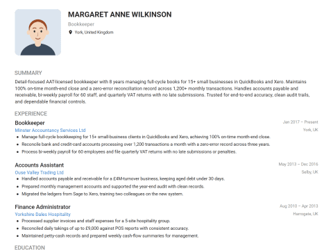 Bookkeeper CV template example, created with WhizCV