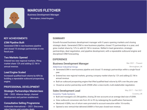 Business Development Manager CV template example, created with WhizCV