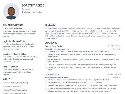 Caregiver CV template example, created with WhizCV