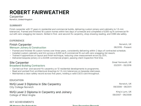 Carpenter CV template example, created with WhizCV
