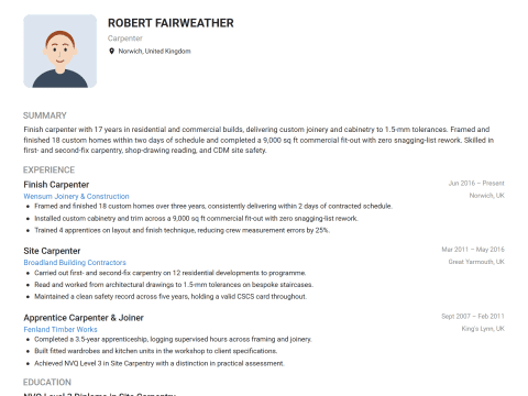 Carpenter CV template example, created with WhizCV