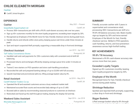 Cashier CV template example, created with WhizCV
