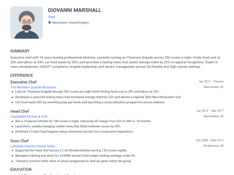 Chef CV template example, created with WhizCV