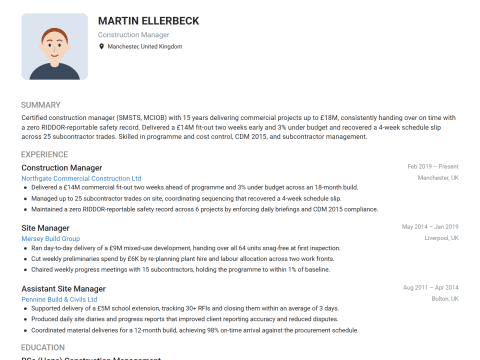Construction Manager CV template example, created with WhizCV