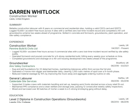 Construction Worker CV template example, created with WhizCV