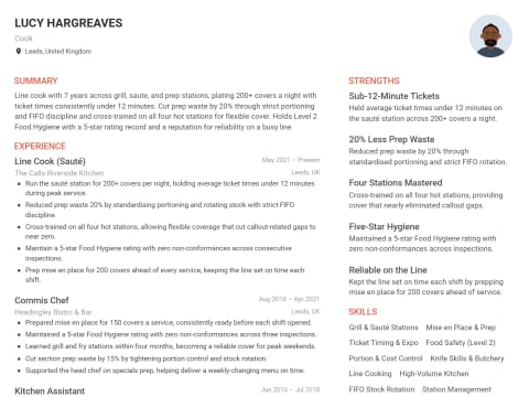 Cook CV template example, created with WhizCV